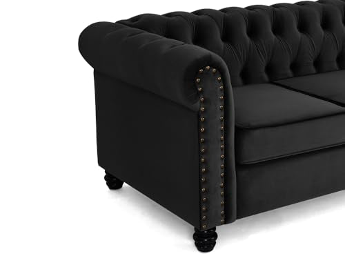 Chesterfield Sofa Velvet Upholstered Couch in 2 Seater or 3 Seater Fabric Sofa in Grey, Blue, Black, Green, Gold (2 Seater, Black)