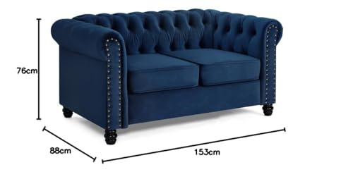 Chesterfield Sofa Velvet Upholstered Couch in 2 Seater or 3 Seater Fabric Sofa in Grey, Blue, Black, Green, Gold (2 Seater, Black)