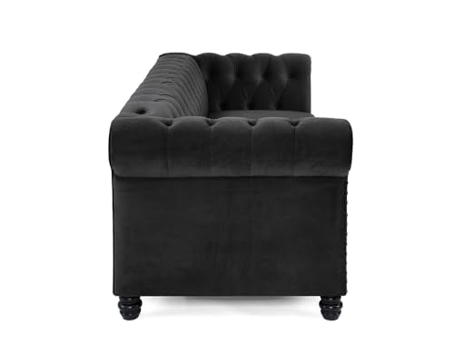 Chesterfield Sofa Velvet Upholstered Couch in 2 Seater or 3 Seater Fabric Sofa in Grey, Blue, Black, Green, Gold (2 Seater, Black)