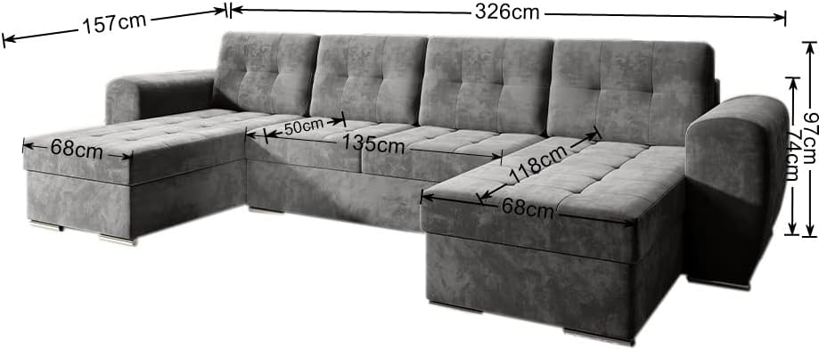 Moderno Bari Living Room Sofa with Sleep Function, Couch, U-Shaped Sofa Bed with Bed Box, Corner Sofa Bed, Modern Living Room Furniture, Corner Couch, Velour Fabric, Quilted Sofa, Grey