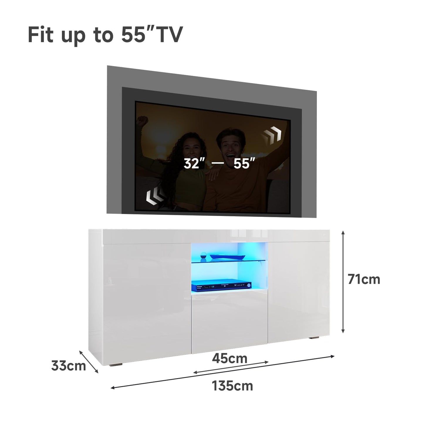 ELEGANT 1200mm LED TV Cabinet Modern White Gloss TV Stand with Ambient Lights for Living Room and Bedroom with Storage Furniture for 32 40 43 50 inch 4k TV