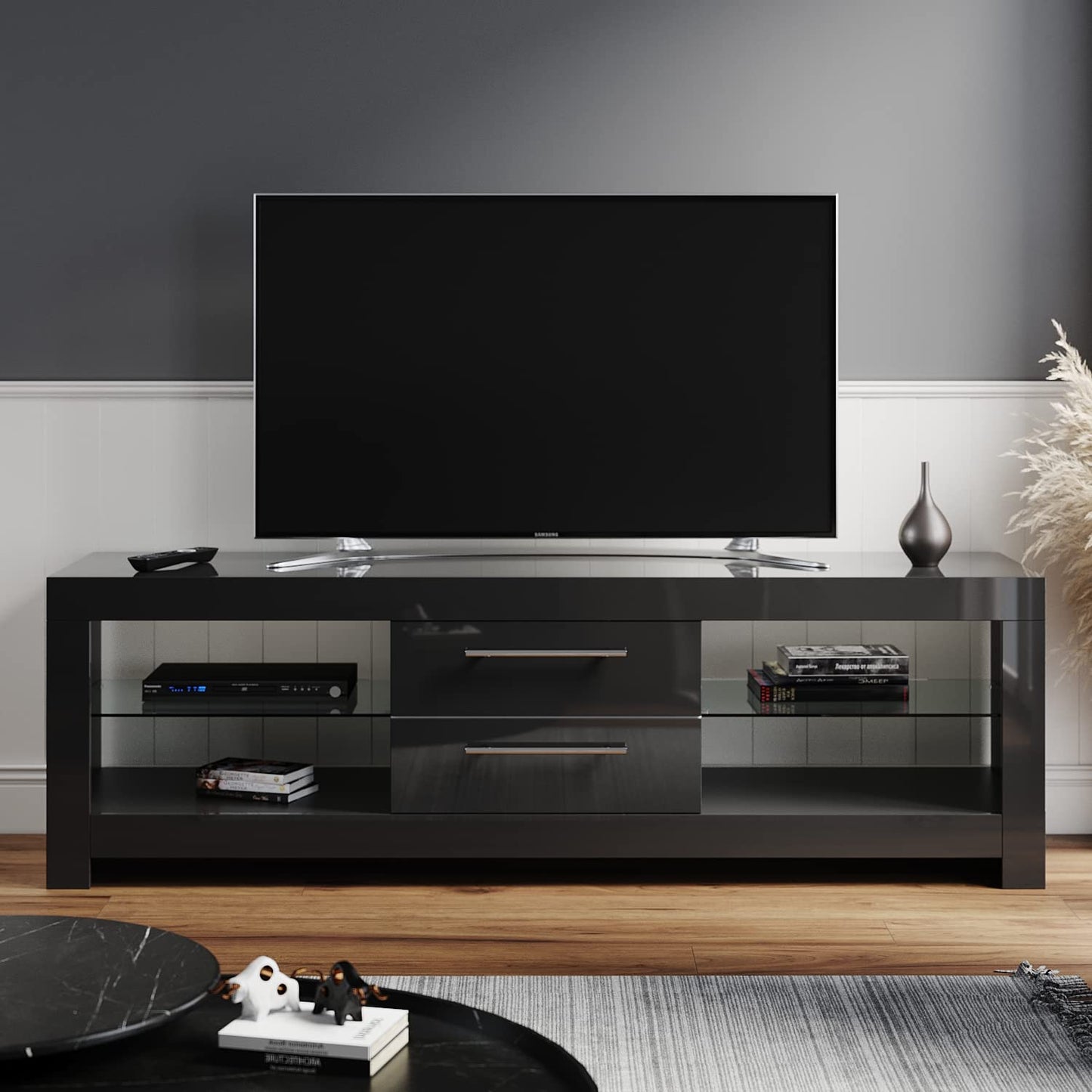 ELEGANT 1200mm LED TV Cabinet Modern White Gloss TV Stand with Ambient Lights for Living Room and Bedroom with Storage Furniture for 32 40 43 50 inch 4k TV
