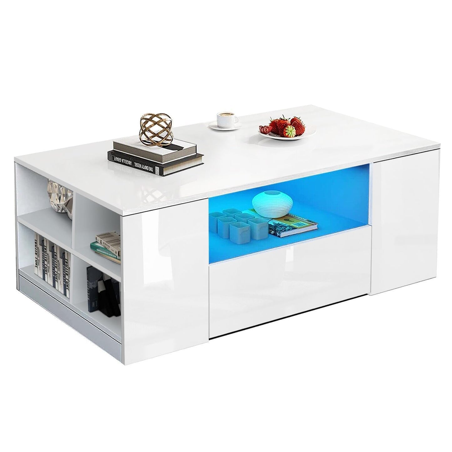 High Gloss Coffee Table, Coffee Table with Storage, Coffee Tables for Living Room with Led RGB Lights 2 Drawer Storage and Open Shelf Rectangle Centre Tea Table for Home Office Furniture, Grey