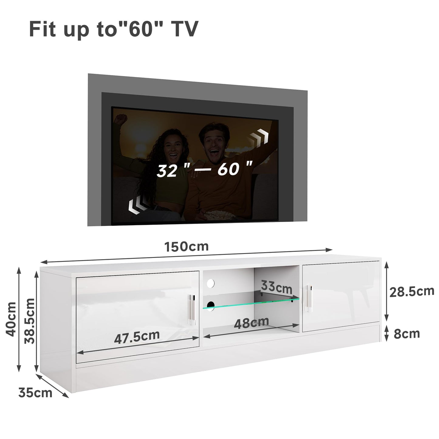 ELEGANT 1200mm LED TV Cabinet Modern White Gloss TV Stand with Ambient Lights for Living Room and Bedroom with Storage Furniture for 32 40 43 50 inch 4k TV