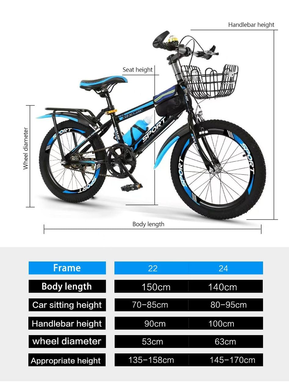 Kids Bike, Unisex Girls Boys Mountain Bike, 22" 24” Bike, Road Bike, Children’s Training Bicycle, Height Adjustable Bike, Sport Bike, Double Break, Tool Kit Included 6 to 12 Year Olds New!