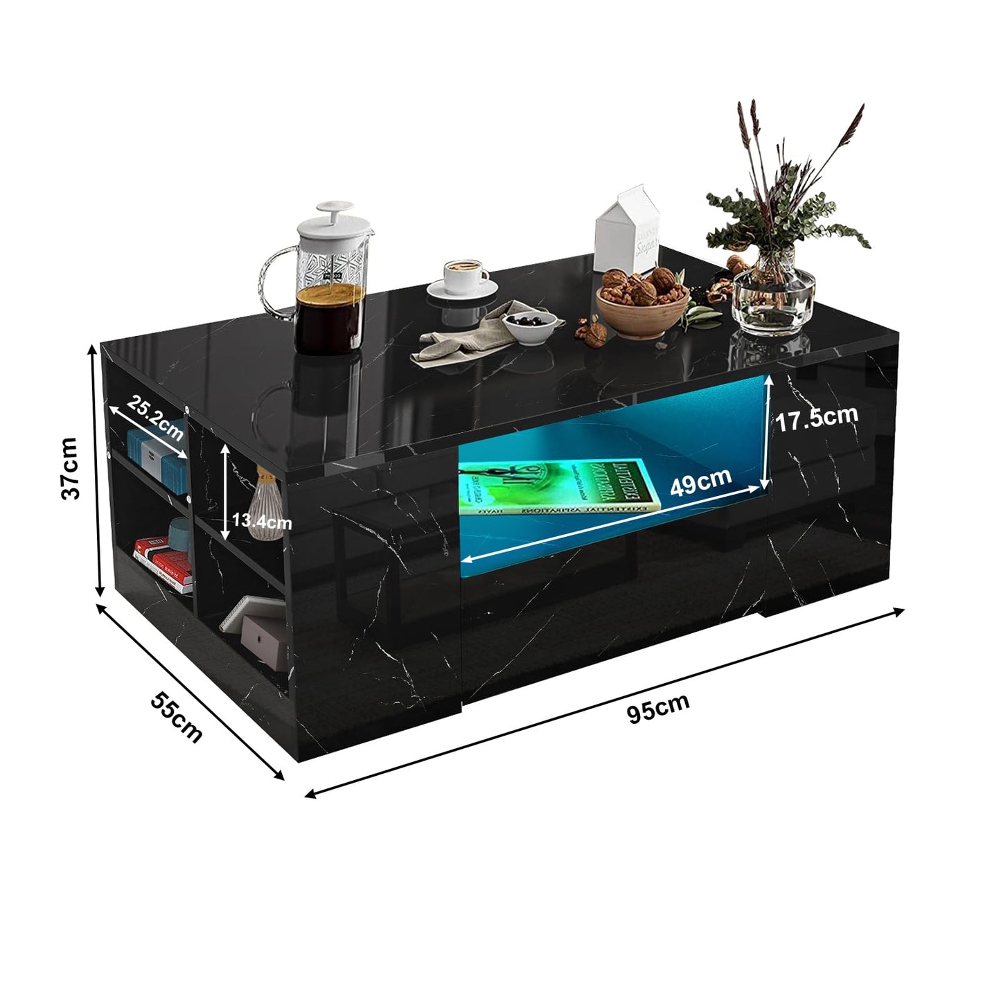 High Gloss Coffee Table, Coffee Table with Storage, Coffee Tables for Living Room with Led RGB Lights 2 Drawer Storage and Open Shelf Rectangle Centre Tea Table for Home Office Furniture, Grey