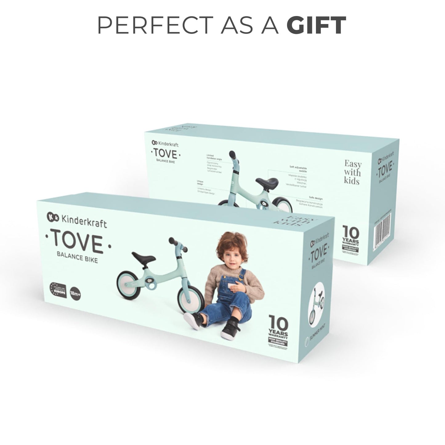 Kinderkraft TOVE Balance Bike, from 1.5 years, light balance bike, children's bike, adjustable seat, easy assembly, limited steering angle, non-slip rubber handles, Mint