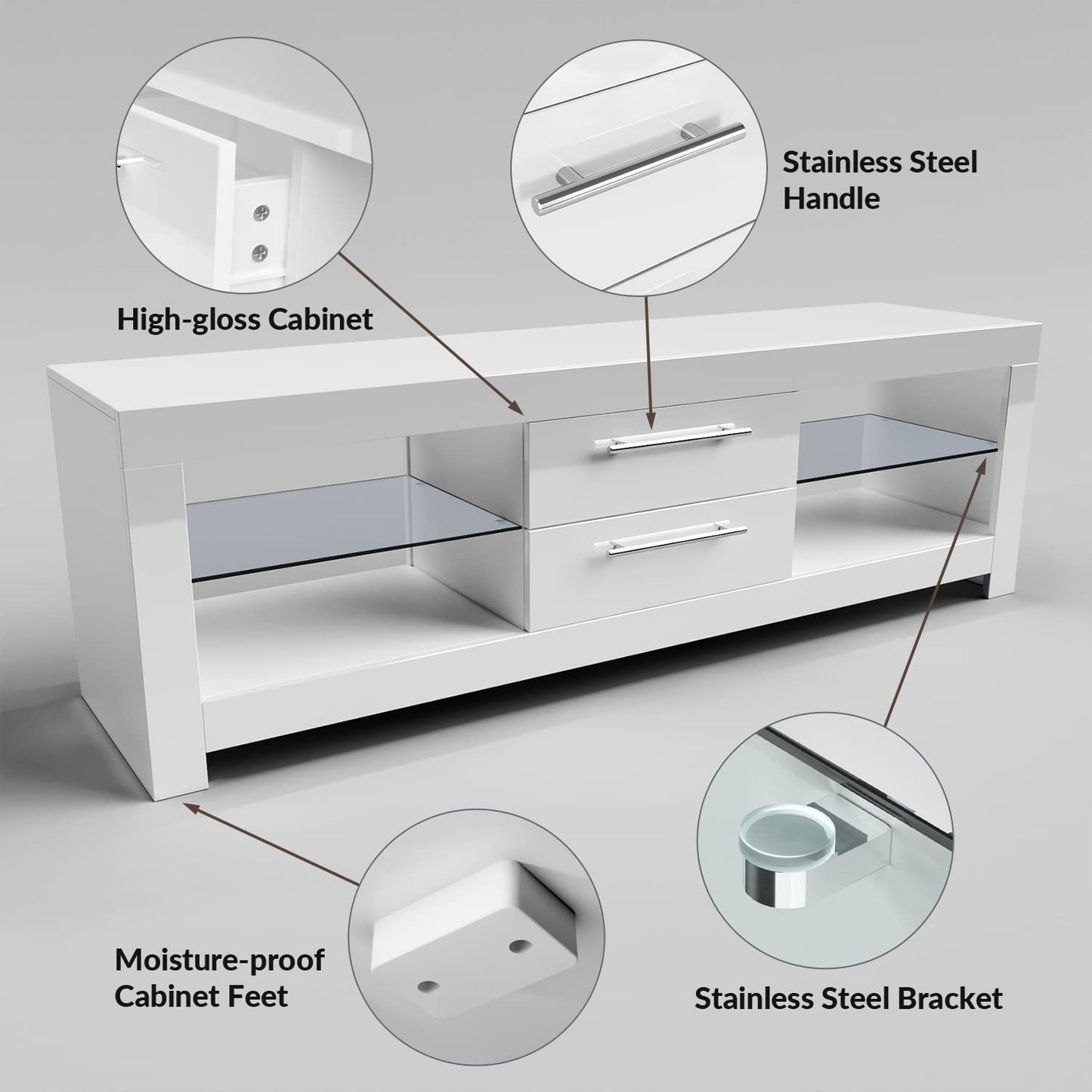 ELEGANT 1200mm LED TV Cabinet Modern White Gloss TV Stand with Ambient Lights for Living Room and Bedroom with Storage Furniture for 32 40 43 50 inch 4k TV