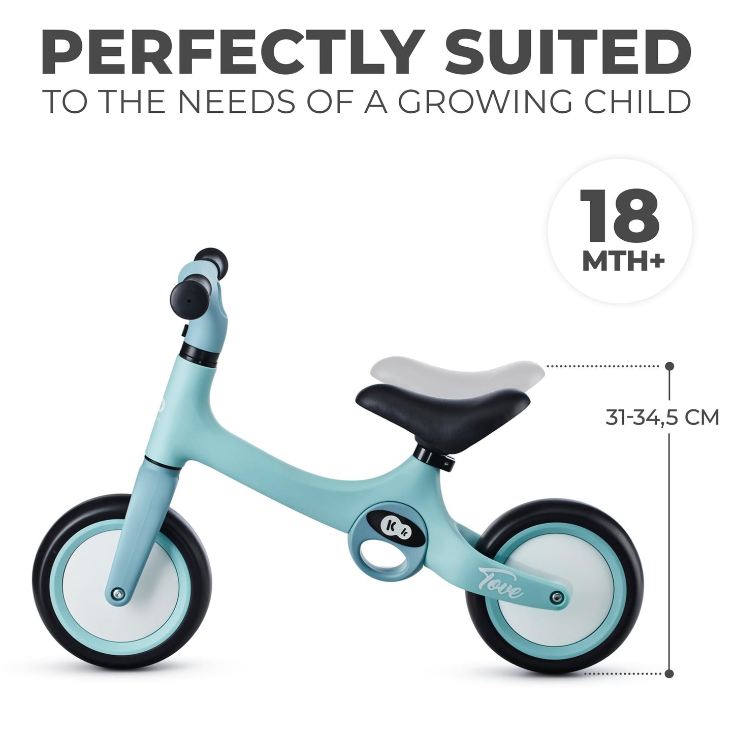 Kinderkraft TOVE Balance Bike, from 1.5 years, light balance bike, children's bike, adjustable seat, easy assembly, limited steering angle, non-slip rubber handles, Mint
