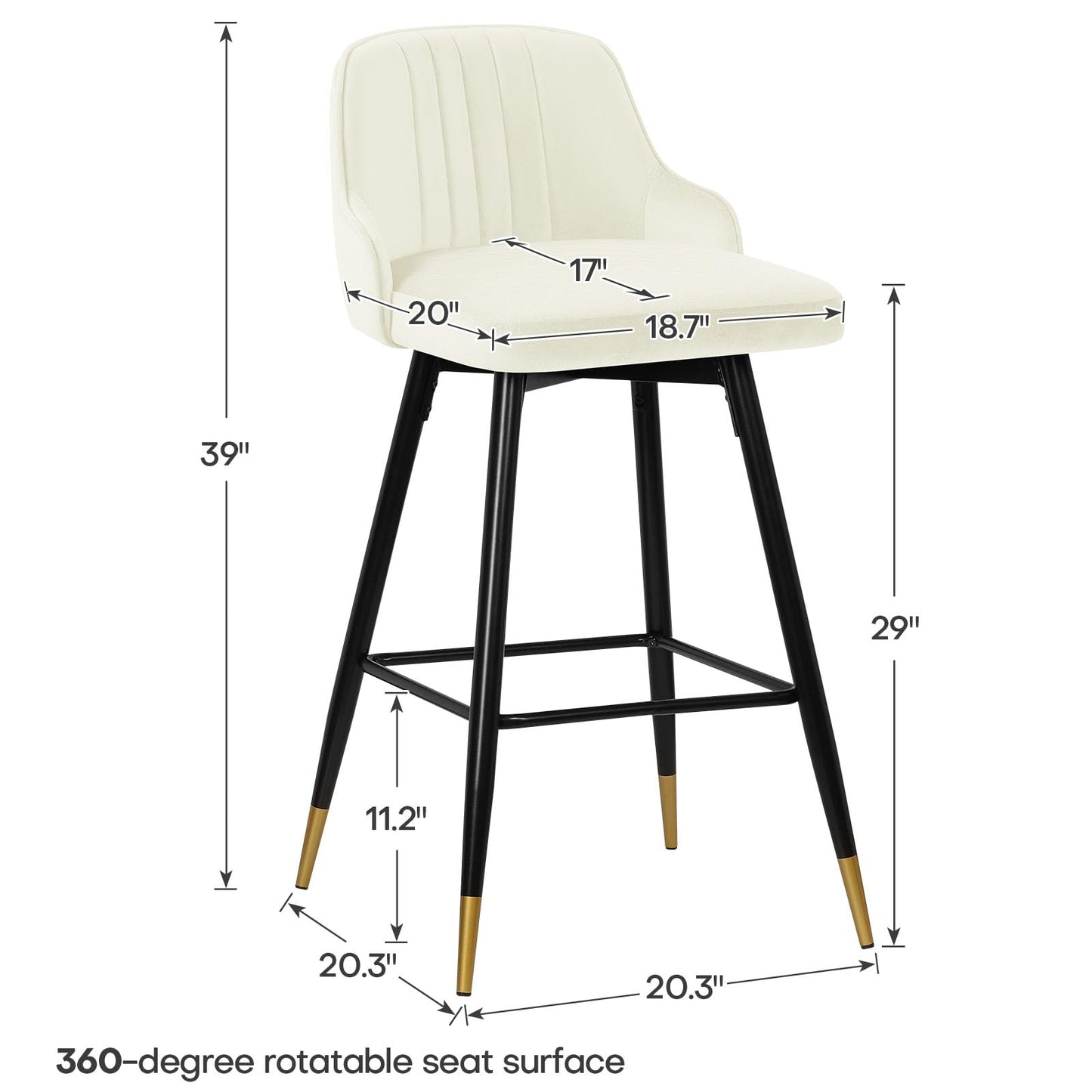 Bekrvio Upgraded Velvet Bar Stools Set of 2 – 360° Swivel Bar Chairs with Back & Footrest, Modern Kitchen Island Breakfast Stools, Support 150kg – New Version, Black