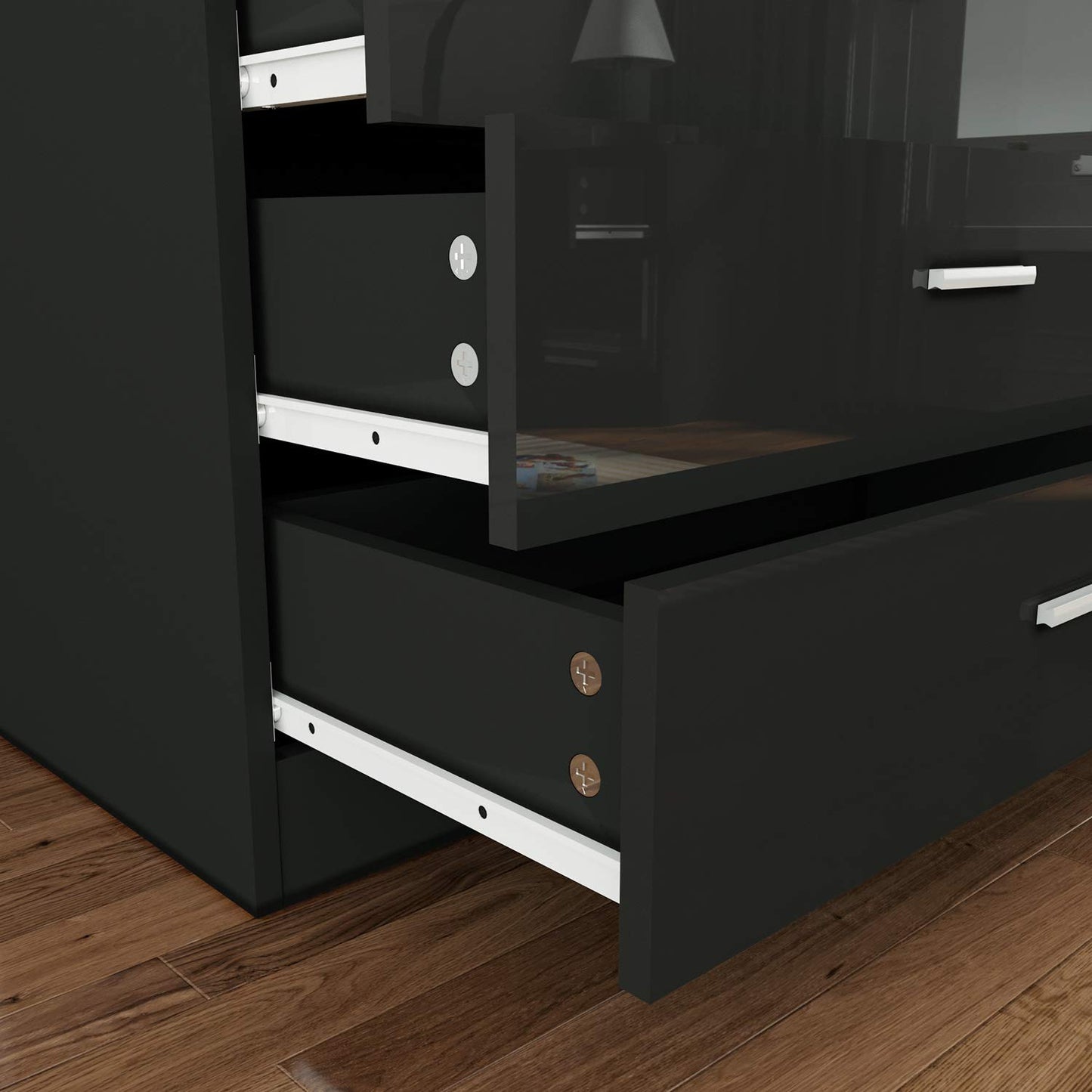 ELEGANT 3 Pieces Bedroom Furniture Sets High Gloss Soft Close Wardrobe with Mirror + 4 Storage Drawer Chest of Drawers Bedside Cabinet, Black and Set