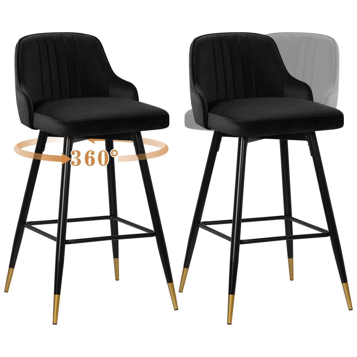 Bekrvio Upgraded Velvet Bar Stools Set of 2 – 360° Swivel Bar Chairs with Back & Footrest, Modern Kitchen Island Breakfast Stools, Support 150kg – New Version, Black