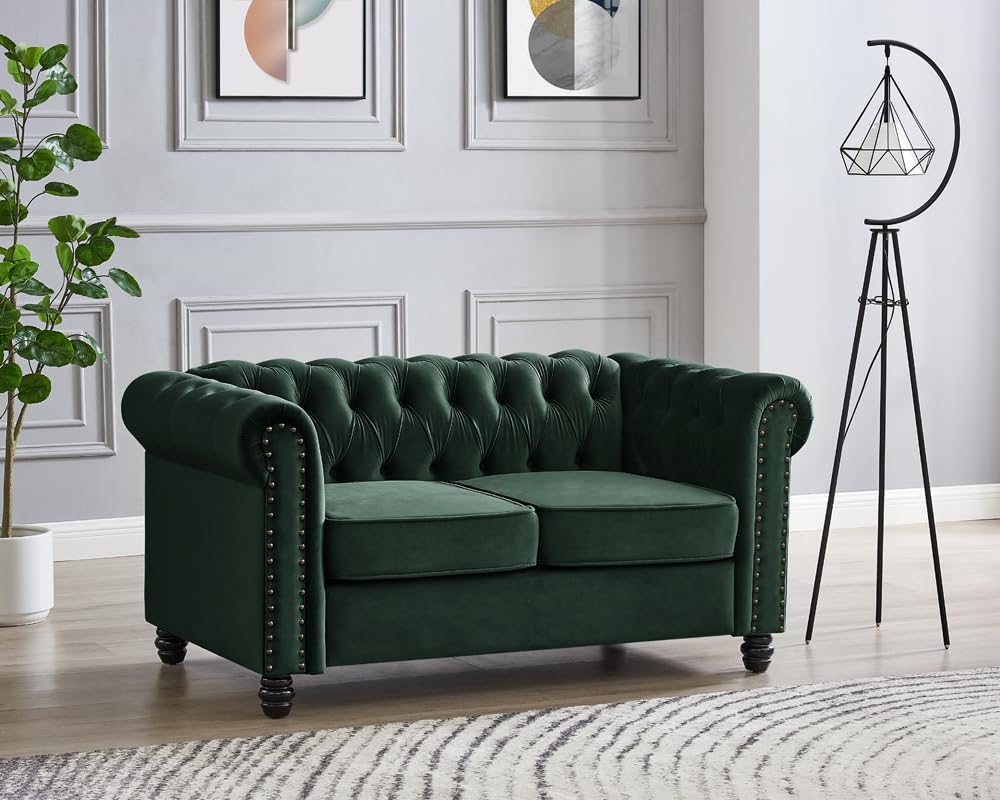 Chesterfield Sofa Velvet Upholstered Couch in 2 Seater or 3 Seater Fabric Sofa in Grey, Blue, Black, Green, Gold (2 Seater, Black)