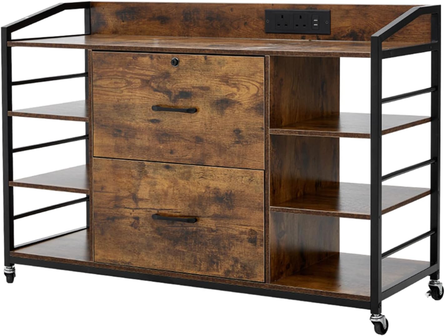 Mobile Filing Cabinet with 2 Drawers, Wood Rolling File Cabinet with Lock& Power Strip&6 Storage Shelves, Metal Document Storage Cabinet with Wheels for Home Office Furniture, Rustic Brown
