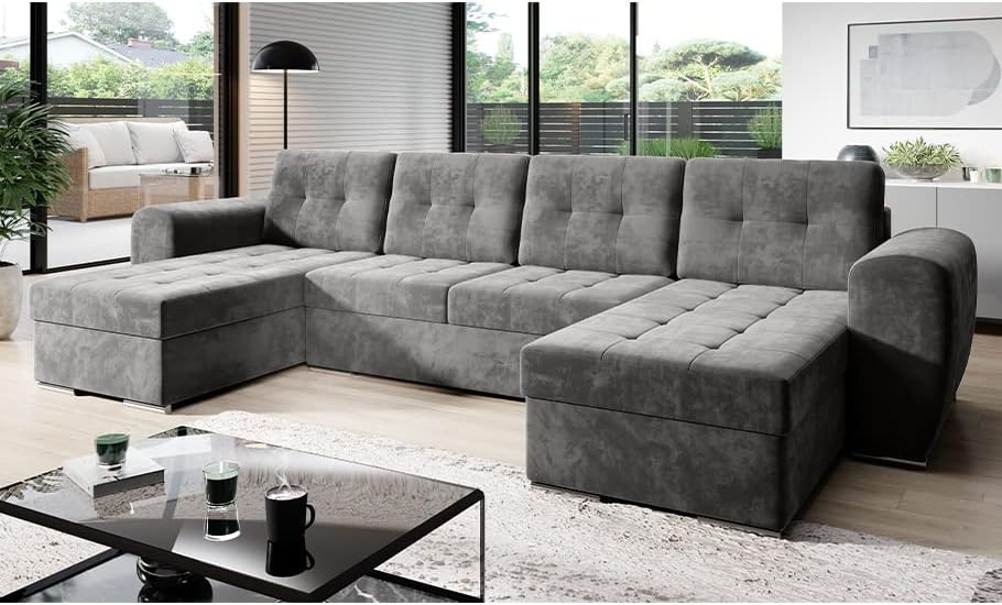 Moderno Bari Living Room Sofa with Sleep Function, Couch, U-Shaped Sofa Bed with Bed Box, Corner Sofa Bed, Modern Living Room Furniture, Corner Couch, Velour Fabric, Quilted Sofa, Grey