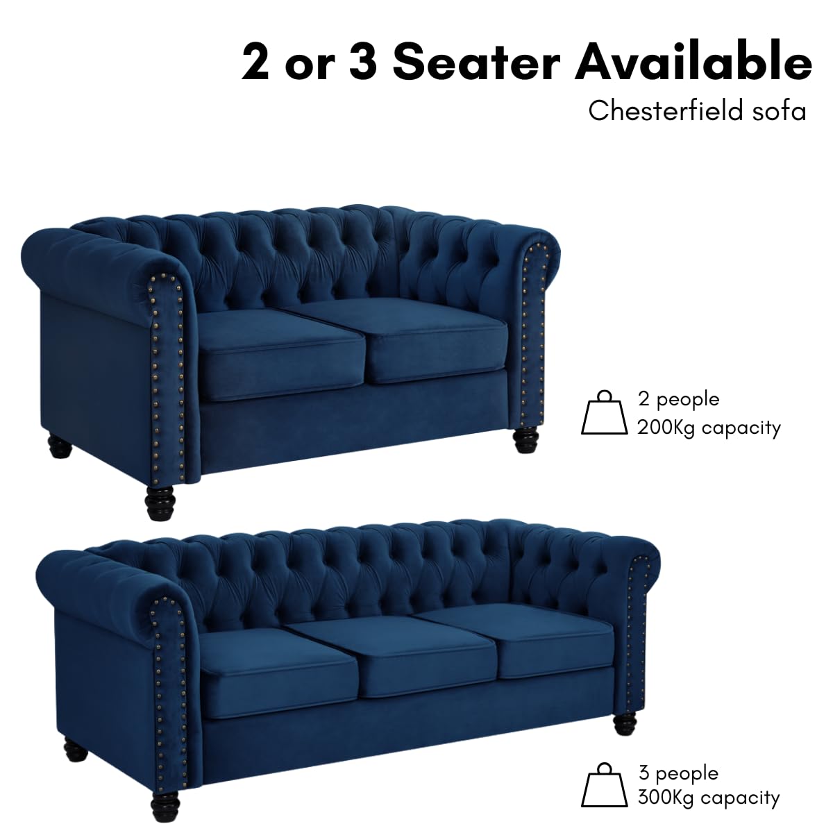 Chesterfield Sofa Velvet Upholstered Couch in 2 Seater or 3 Seater Fabric Sofa in Grey, Blue, Black, Green, Gold (2 Seater, Black)