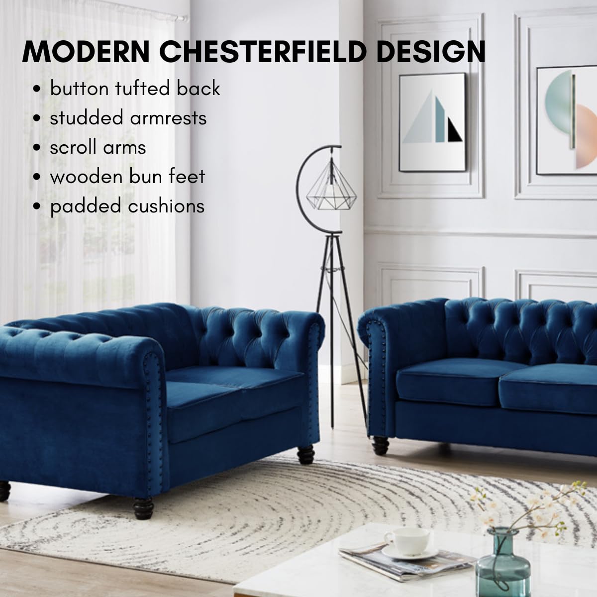 Chesterfield Sofa Velvet Upholstered Couch in 2 Seater or 3 Seater Fabric Sofa in Grey, Blue, Black, Green, Gold (2 Seater, Black)