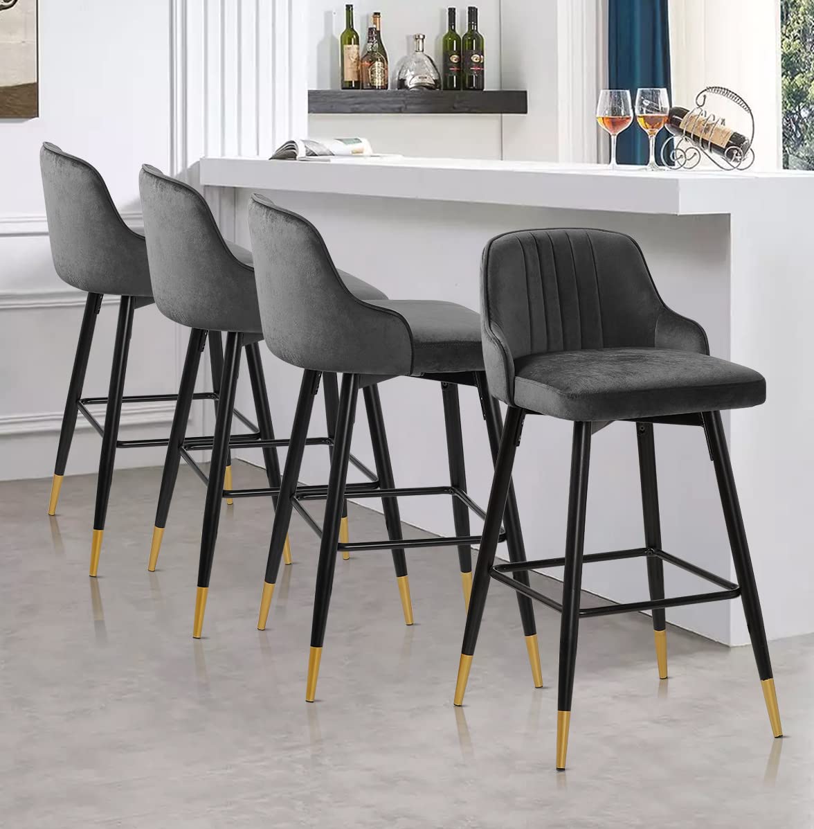Bekrvio Upgraded Velvet Bar Stools Set of 2 – 360° Swivel Bar Chairs with Back & Footrest, Modern Kitchen Island Breakfast Stools, Support 150kg – New Version, Black