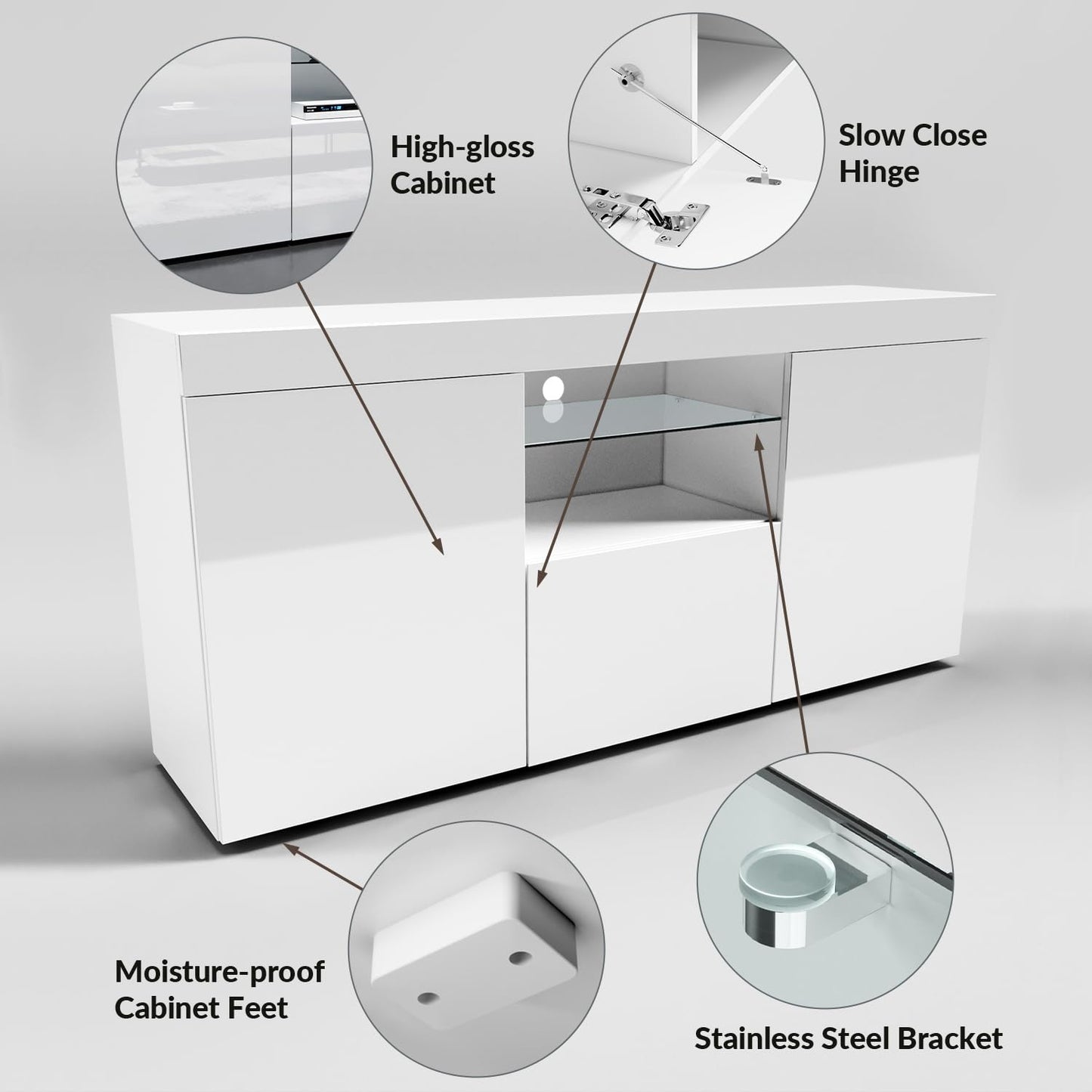 ELEGANT 1200mm LED TV Cabinet Modern White Gloss TV Stand with Ambient Lights for Living Room and Bedroom with Storage Furniture for 32 40 43 50 inch 4k TV