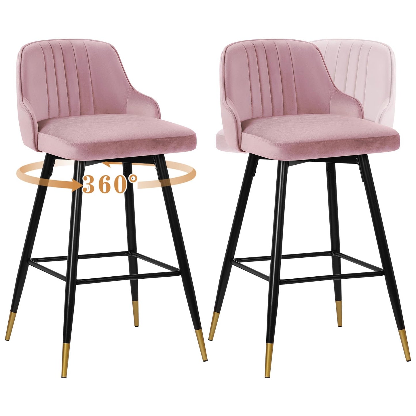 Bekrvio Upgraded Velvet Bar Stools Set of 2 – 360° Swivel Bar Chairs with Back & Footrest, Modern Kitchen Island Breakfast Stools, Support 150kg – New Version, Black