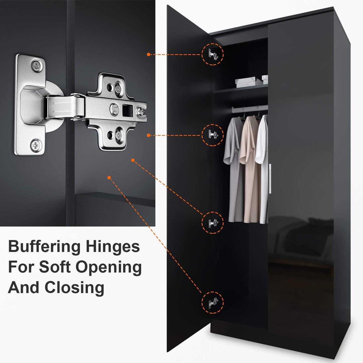 ELEGANT 3 Pieces Bedroom Furniture Sets High Gloss Soft Close Wardrobe with Mirror + 4 Storage Drawer Chest of Drawers Bedside Cabinet, Black and Set