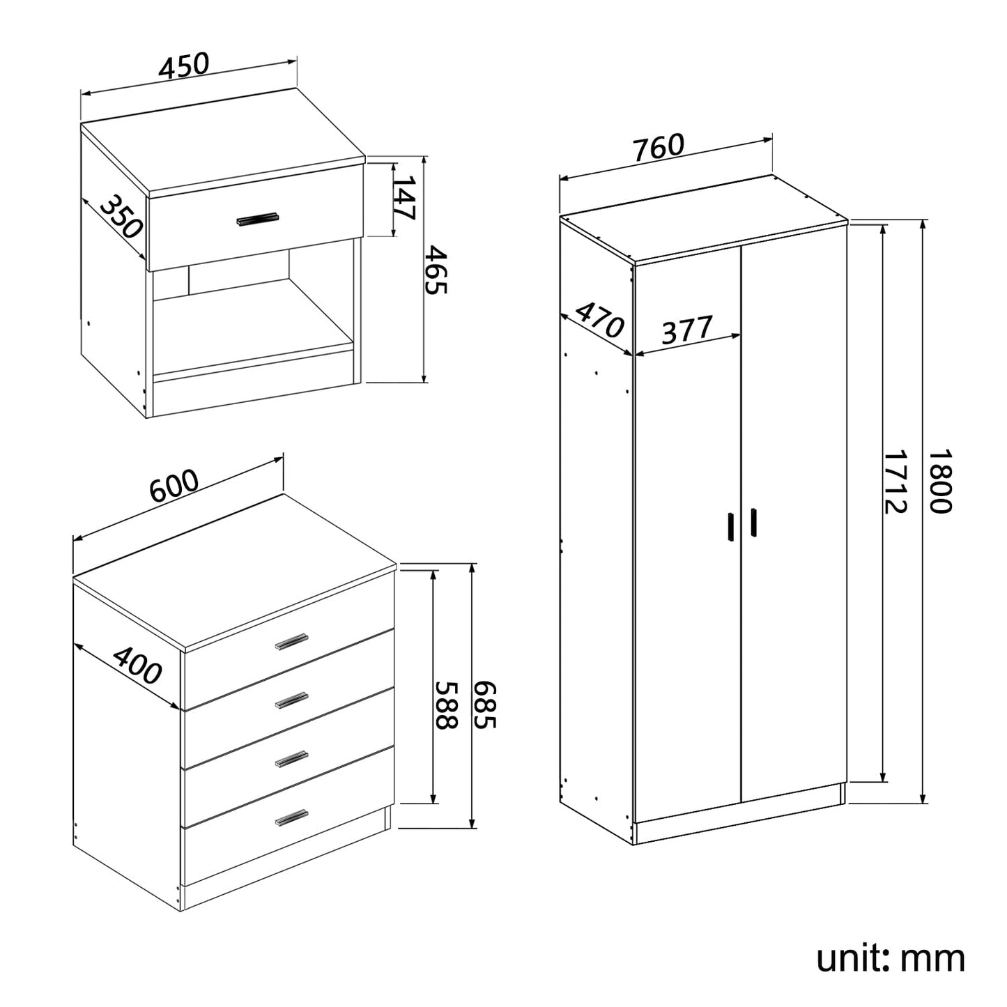 ELEGANT 3 Pieces Bedroom Furniture Sets High Gloss Soft Close Wardrobe with Mirror + 4 Storage Drawer Chest of Drawers Bedside Cabinet, Black and Set