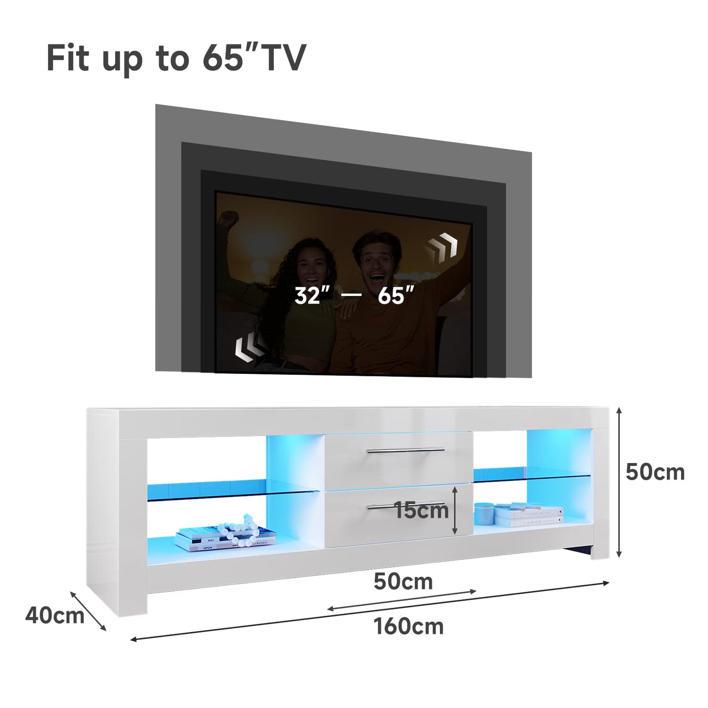 ELEGANT 1200mm LED TV Cabinet Modern White Gloss TV Stand with Ambient Lights for Living Room and Bedroom with Storage Furniture for 32 40 43 50 inch 4k TV