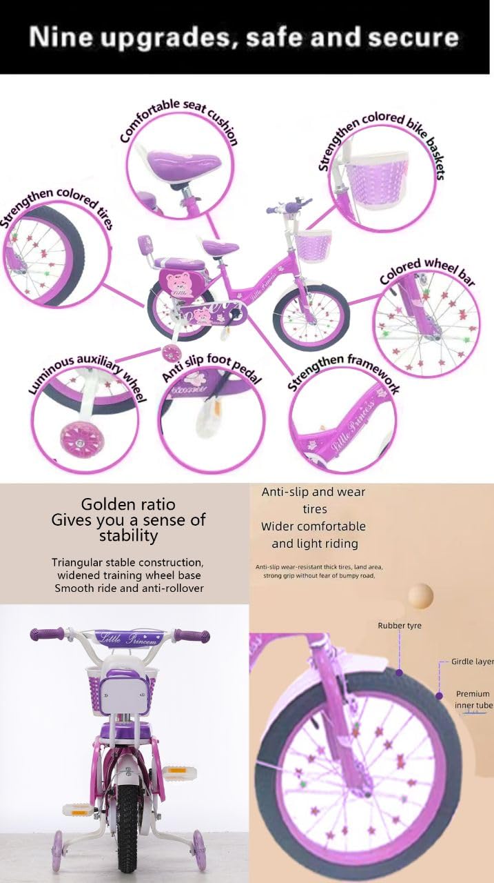 Girls Bike Purple, 12/14/16/18/20 Inch, Kids Bike, Purple Children's Bicycle, Kids Bicycle, Child Road Bike, Adjustable Bike 2-12 Years Old, Training Wheel, Stabilisers, Basket, Tool Kit