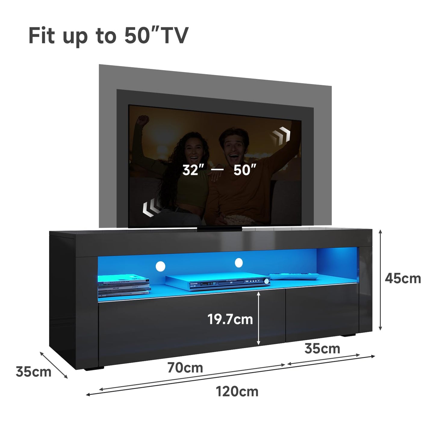 ELEGANT 1200mm LED TV Cabinet Modern White Gloss TV Stand with Ambient Lights for Living Room and Bedroom with Storage Furniture for 32 40 43 50 inch 4k TV