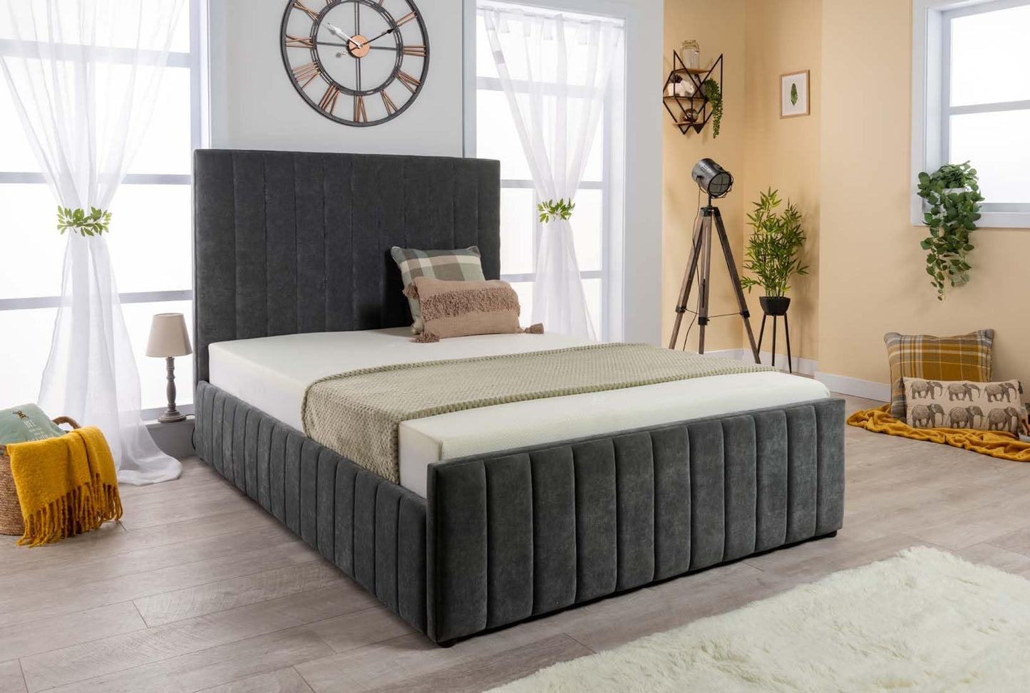 Grey Velvet Ottoman Storage Bed (Gas Lift), Sleep Factorys Ferrera Grey Naples Velvet Modern Bed - 4ft Small Double (120 x 190 cm) with Memory Sprung Mattress