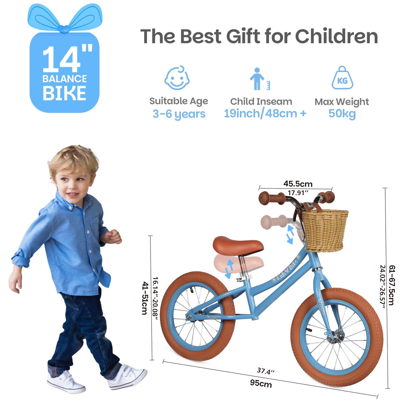 H.yeed 14 Inch Kids Balance Bike, Lightweight Height-adjustable Push Bike with Removable Basket and Rubber Air Tires, Toddler Training Bike for 3-6 Years Old Boys Girls(No Flower)