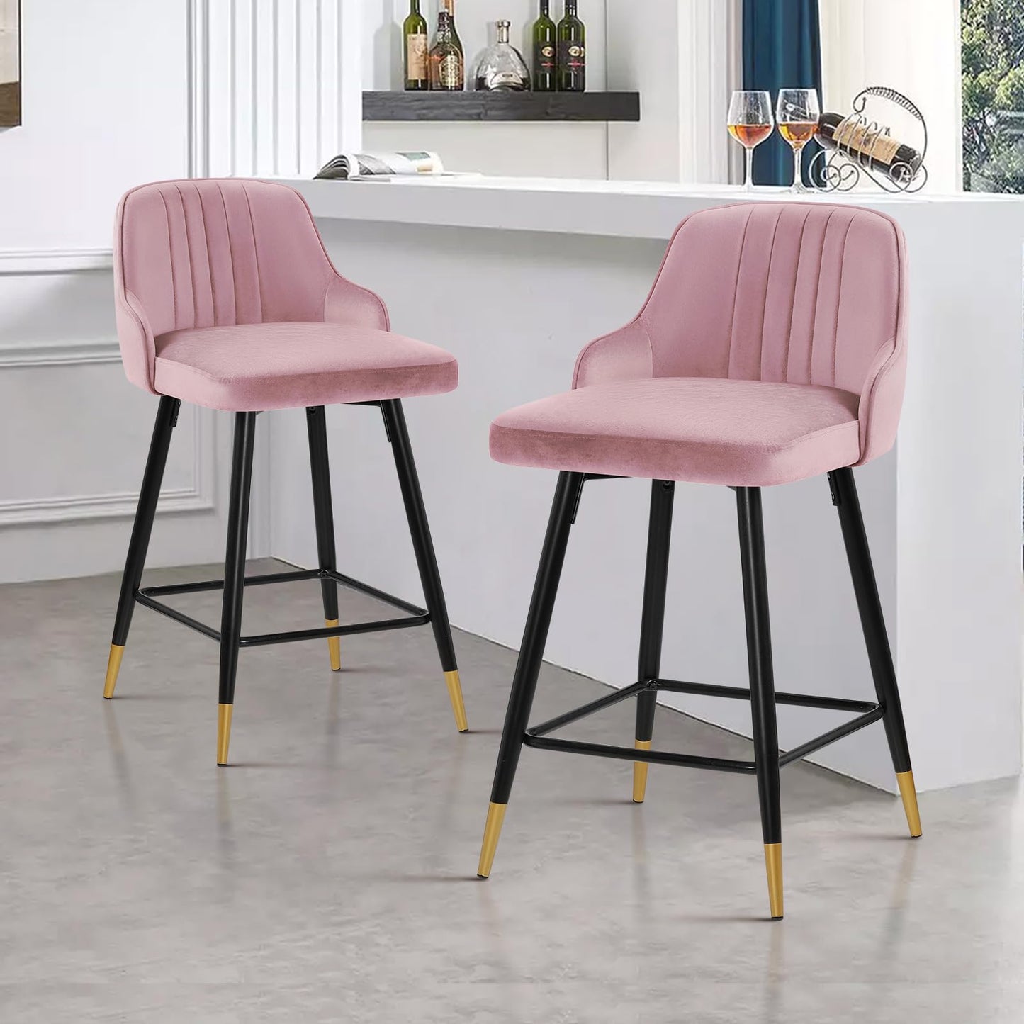 Bekrvio Upgraded Velvet Bar Stools Set of 2 – 360° Swivel Bar Chairs with Back & Footrest, Modern Kitchen Island Breakfast Stools, Support 150kg – New Version, Black