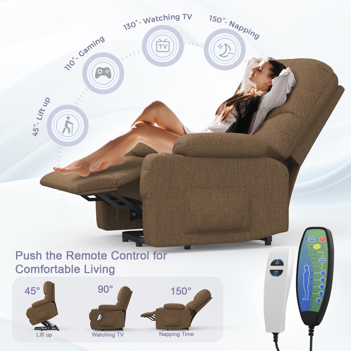 BareTay Recliner Armchair Electric Lift Chair with Massage & Heat, Extended Footrest, Oversized Riser Reclining Chair Lounge Sofa with Type C+USB, 2 Drink Holders, 4 Side Pockets