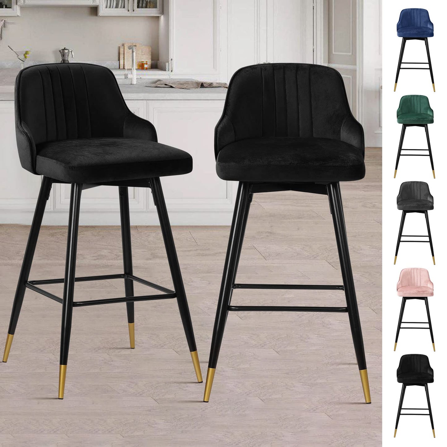 Bekrvio Upgraded Velvet Bar Stools Set of 2 – 360° Swivel Bar Chairs with Back & Footrest, Modern Kitchen Island Breakfast Stools, Support 150kg – New Version, Black