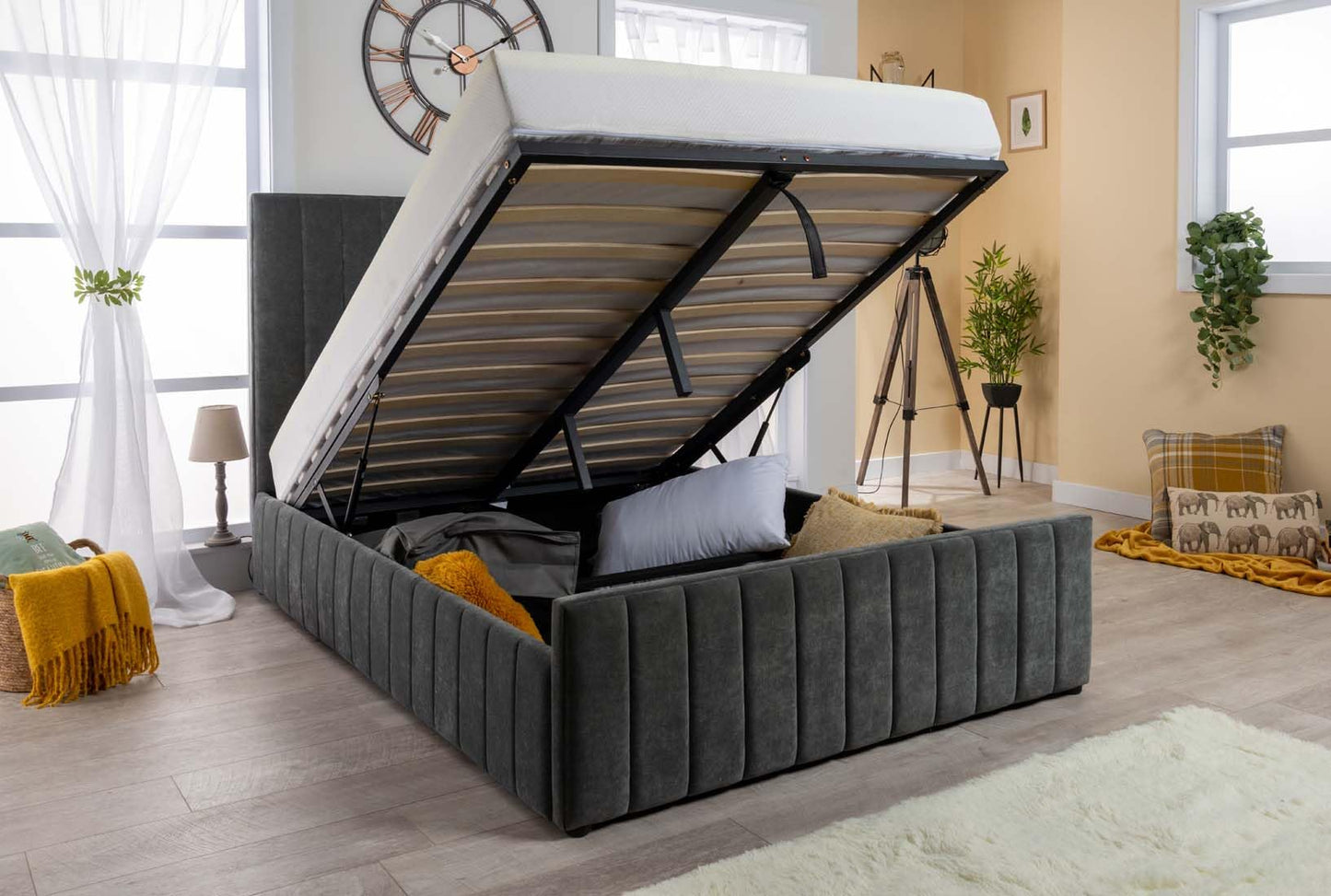 Grey Velvet Ottoman Storage Bed (Gas Lift), Sleep Factorys Ferrera Grey Naples Velvet Modern Bed - 4ft Small Double (120 x 190 cm) with Memory Sprung Mattress