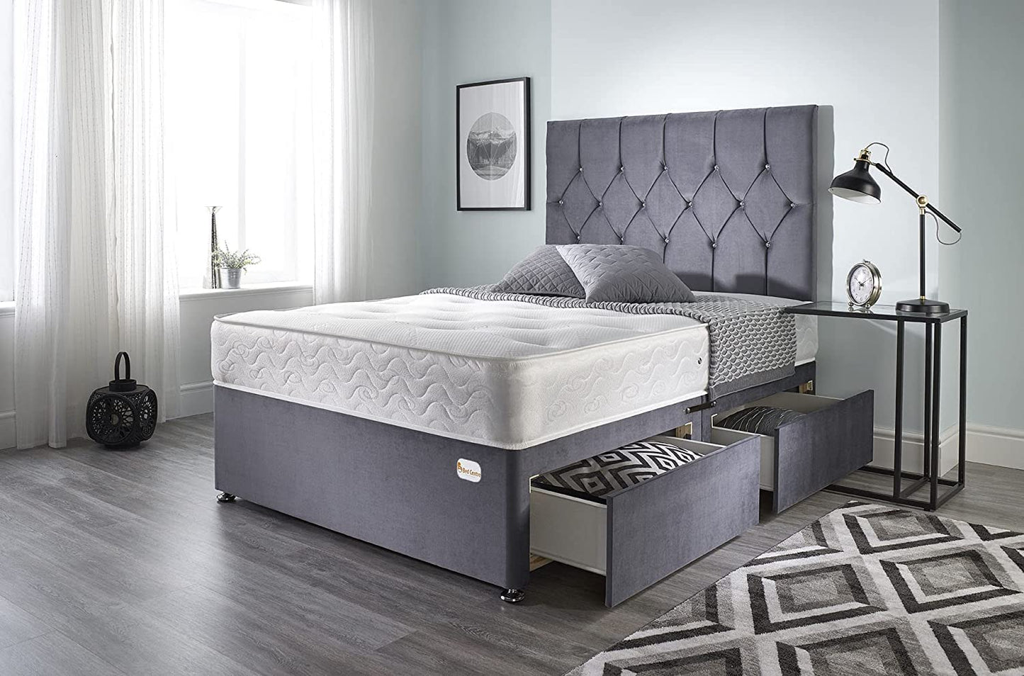 5FT King Size Divan Bed Ziggy Grey Plush Memory Foam Divan Bed Set With Mattress, 2 Drawers (Same Side) and Headboard (King (150cm X 200cm))