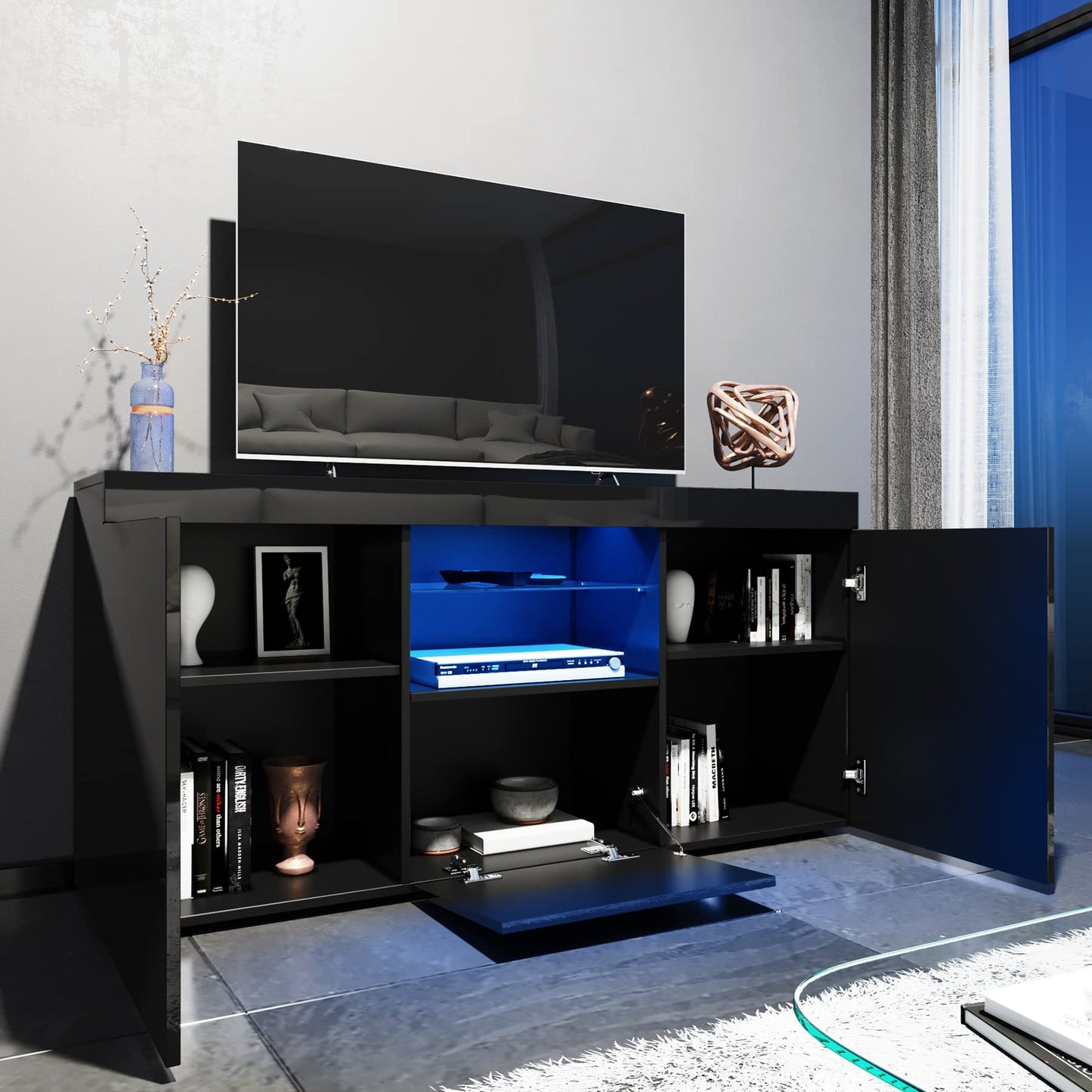 ELEGANT 1200mm LED TV Cabinet Modern White Gloss TV Stand with Ambient Lights for Living Room and Bedroom with Storage Furniture for 32 40 43 50 inch 4k TV