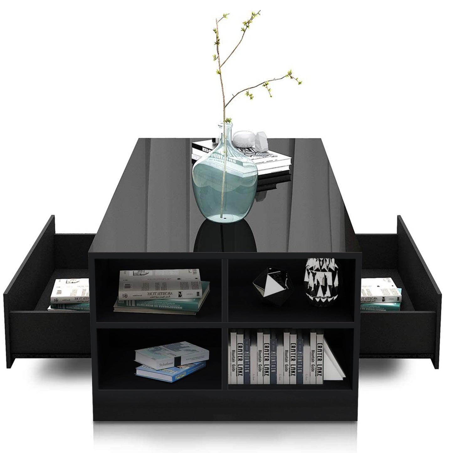 High Gloss Coffee Table, Coffee Table with Storage, Coffee Tables for Living Room with Led RGB Lights 2 Drawer Storage and Open Shelf Rectangle Centre Tea Table for Home Office Furniture, Grey