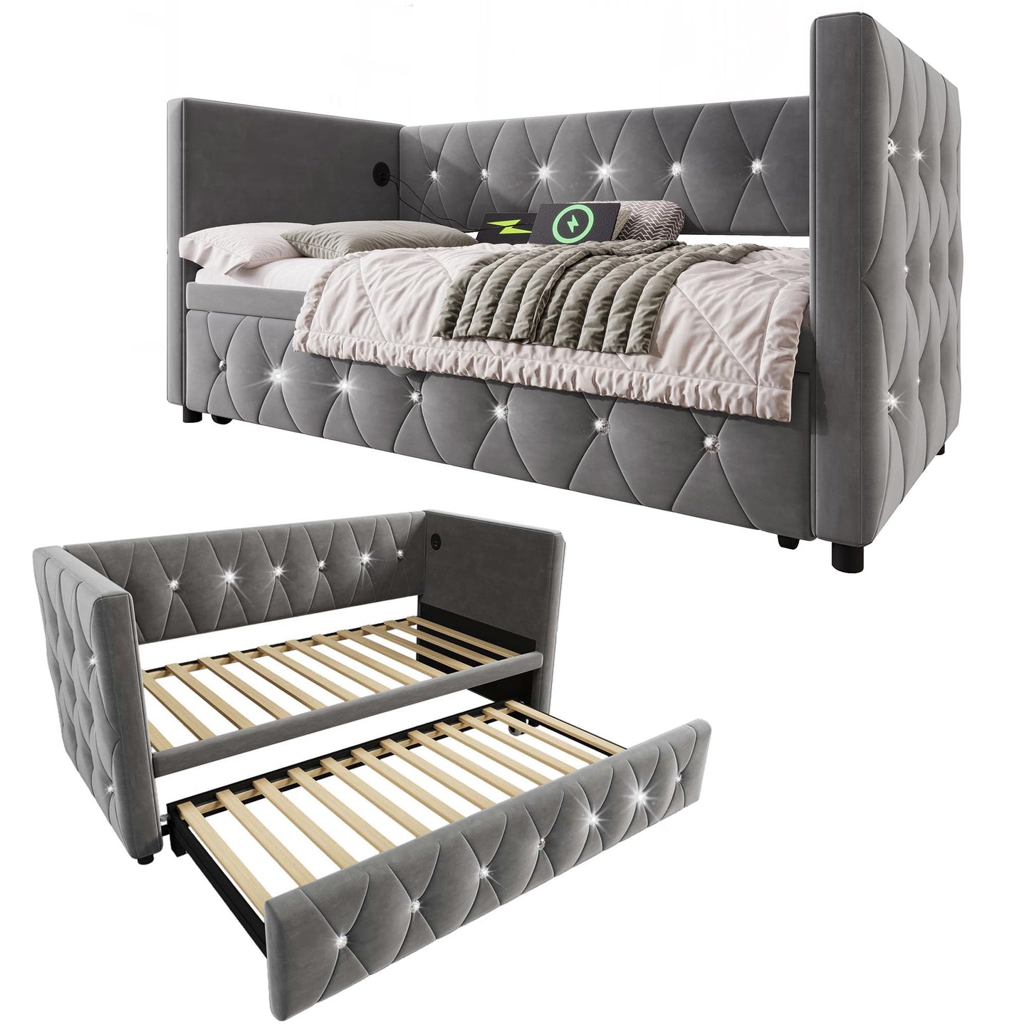 Jtyca Daybed, Trundle Bed, Upholstered Single Bed with Pull Out Bed, Sofa Bed with USB-Type C-Charging Sations, Pull Out Trundle for Living Room and Bedroom, 90 x 190 cm, Velvet, Grey, (No Mattress)