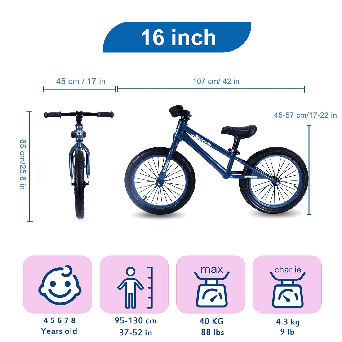 Bueuwe 16 Inch Balance Bike for Big Kids Aged 4 5 6 7 8 and 9 Years Old Boys Girls,Large No Pedal Training Bicycle, Adjustable Seat, Pneumatic Tires, Quick Assembly