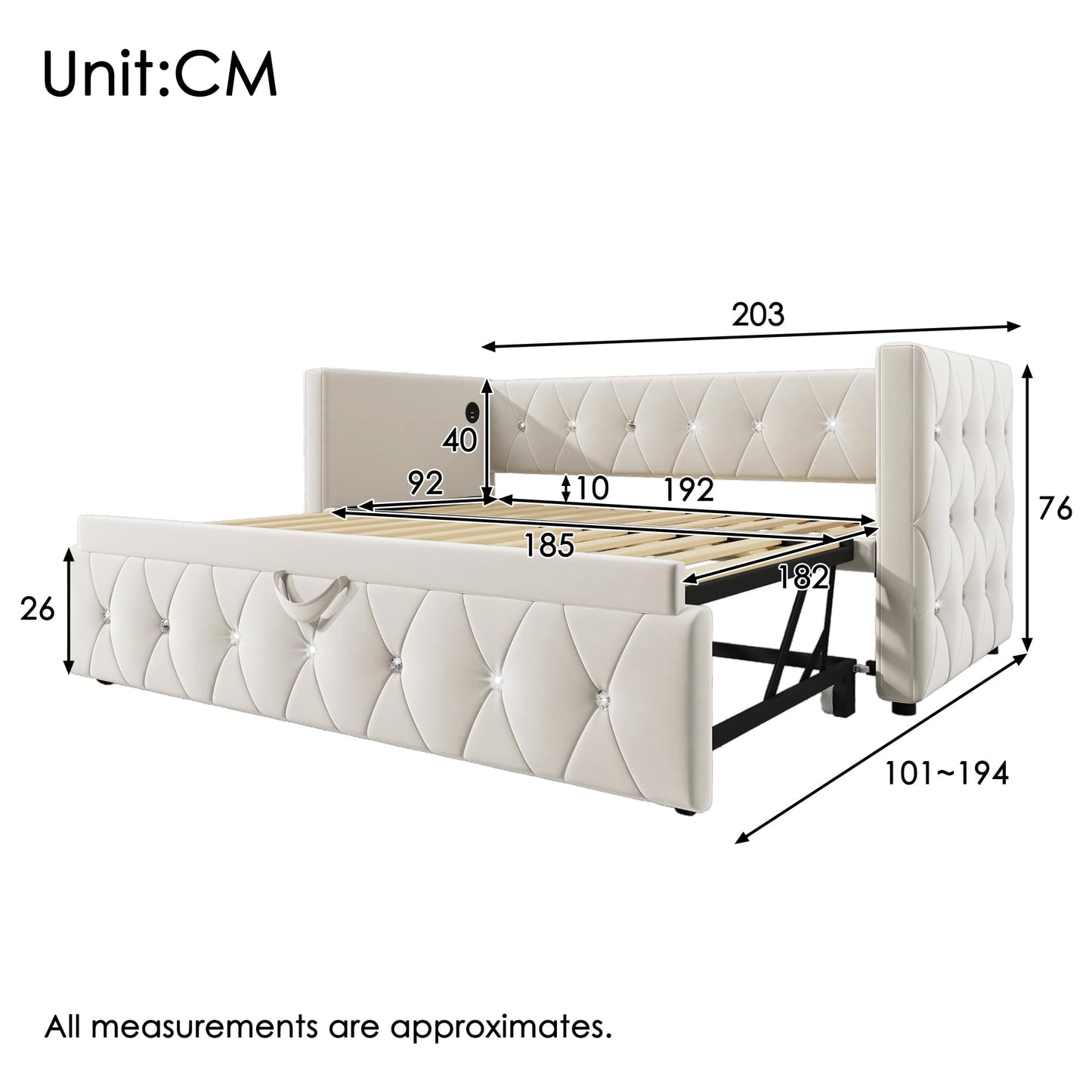 Jtyca Daybed, Trundle Bed, Upholstered Single Bed with Pull Out Bed, Sofa Bed with USB-Type C-Charging Sations, Pull Out Trundle for Living Room and Bedroom, 90 x 190 cm, Velvet, Grey, (No Mattress)
