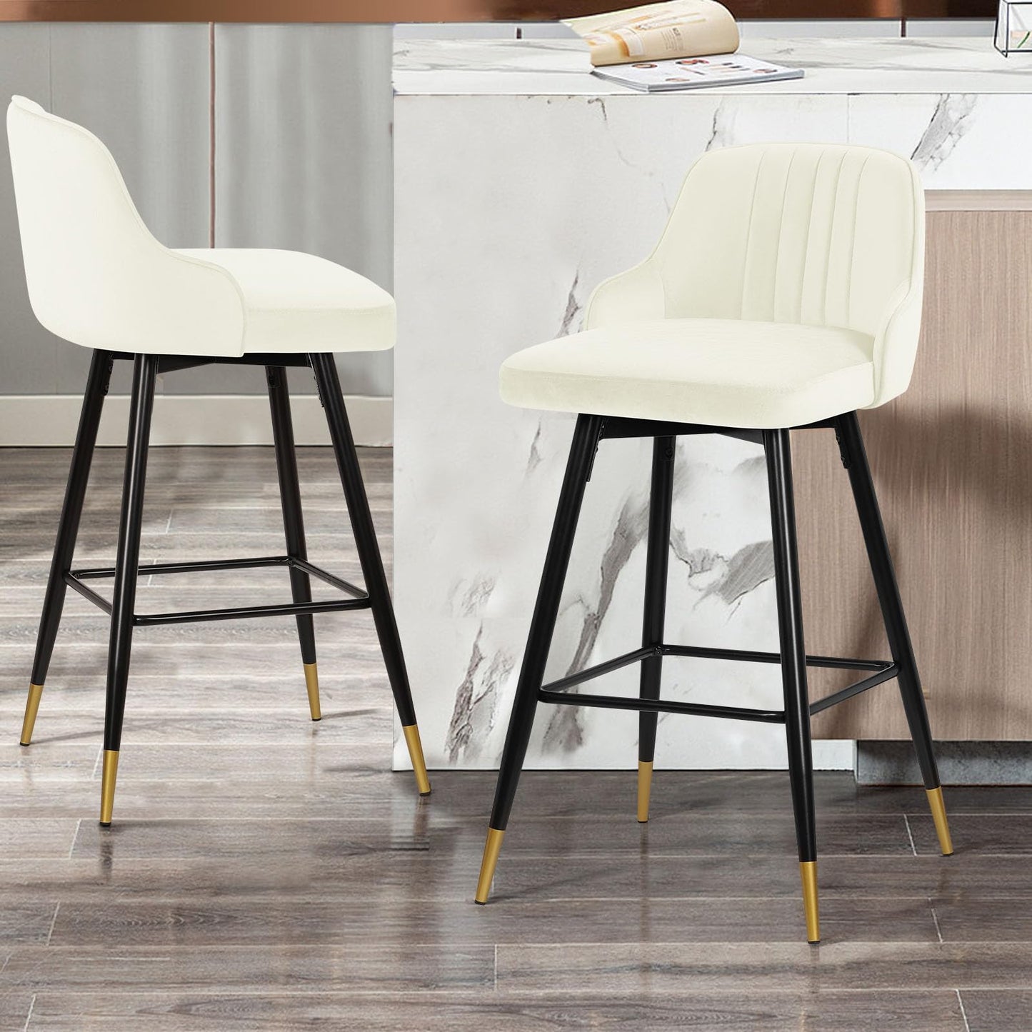 Bekrvio Upgraded Velvet Bar Stools Set of 2 – 360° Swivel Bar Chairs with Back & Footrest, Modern Kitchen Island Breakfast Stools, Support 150kg – New Version, Black