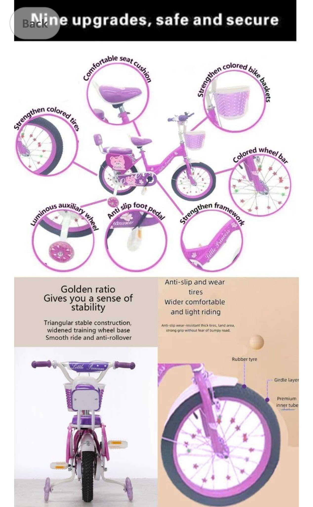 Girls Bike Purple, 12/14/16/18/20 Inch, Kids Bike, Purple Children's Bicycle, Kids Bicycle, Child Road Bike, Adjustable Bike 2-12 Years Old, Training Wheel, Stabilisers, Basket, Tool Kit