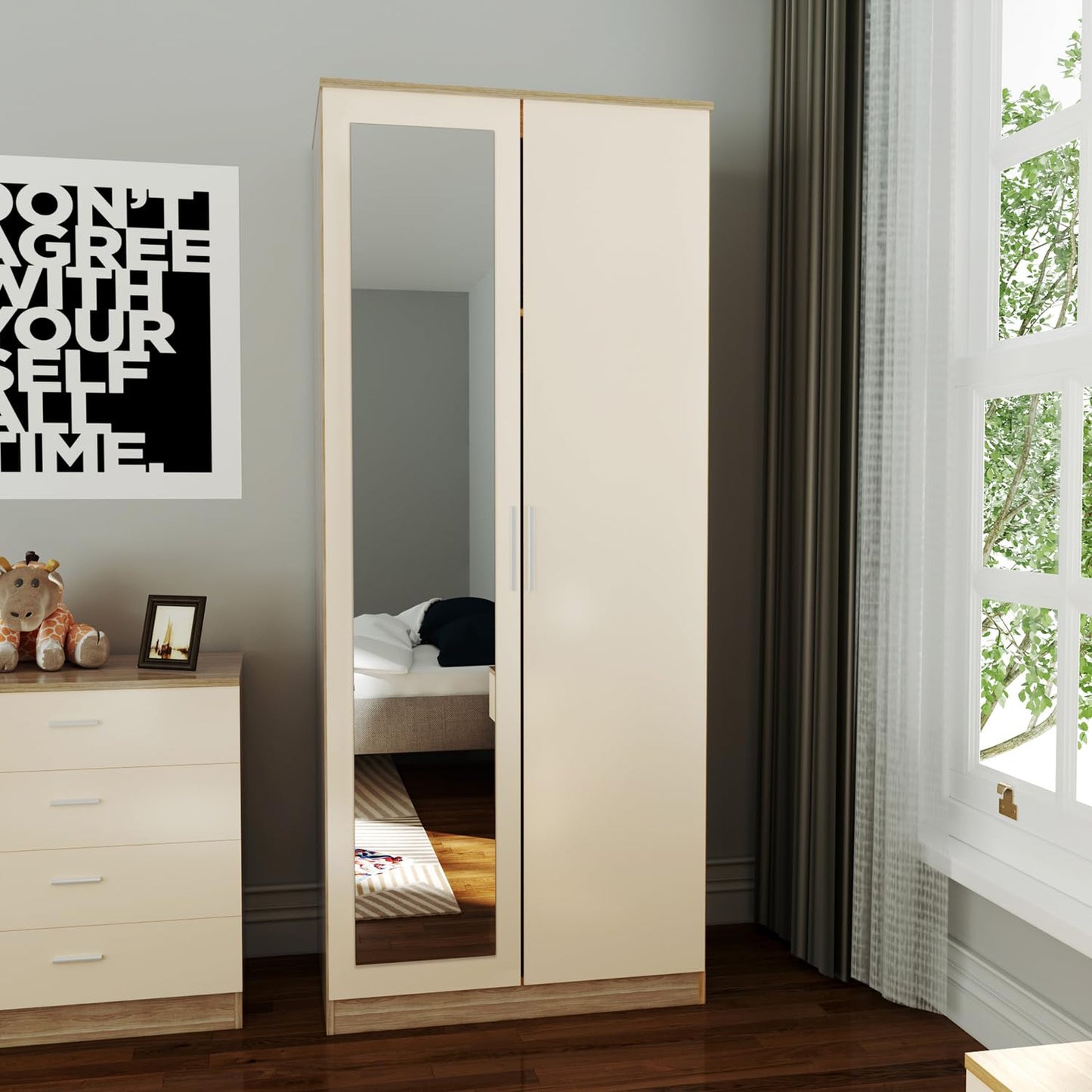 ELEGANT 3 Pieces Bedroom Furniture Sets High Gloss Soft Close Wardrobe with Mirror + 4 Storage Drawer Chest of Drawers Bedside Cabinet, Black and Set