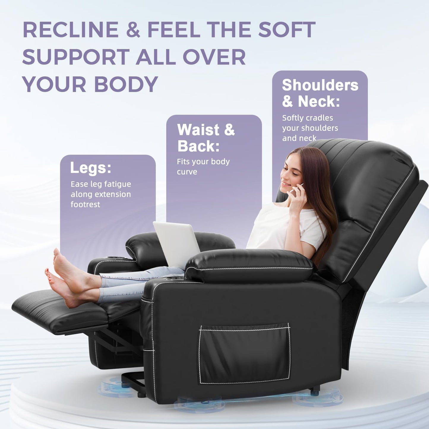 BareTay Recliner Armchair Electric Lift Chair with Massage & Heat, Extended Footrest, Oversized Riser Reclining Chair Lounge Sofa with Type C+USB, 2 Drink Holders, 4 Side Pockets
