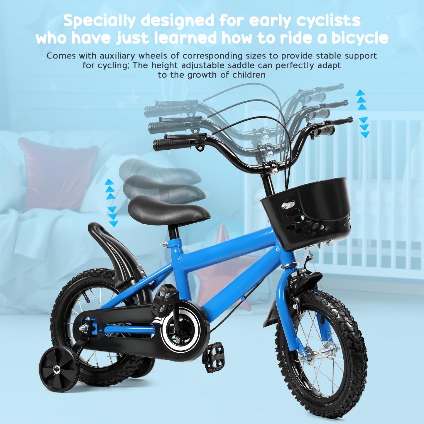 cadciehe 12 Inch Kids Bike, Children Bicycle with Training Wheels, Easy Assembly Safe & Stable Ride, Storage Basket, Height Adjustable Toddler Bike for 2-6 Years Old Boys Girls