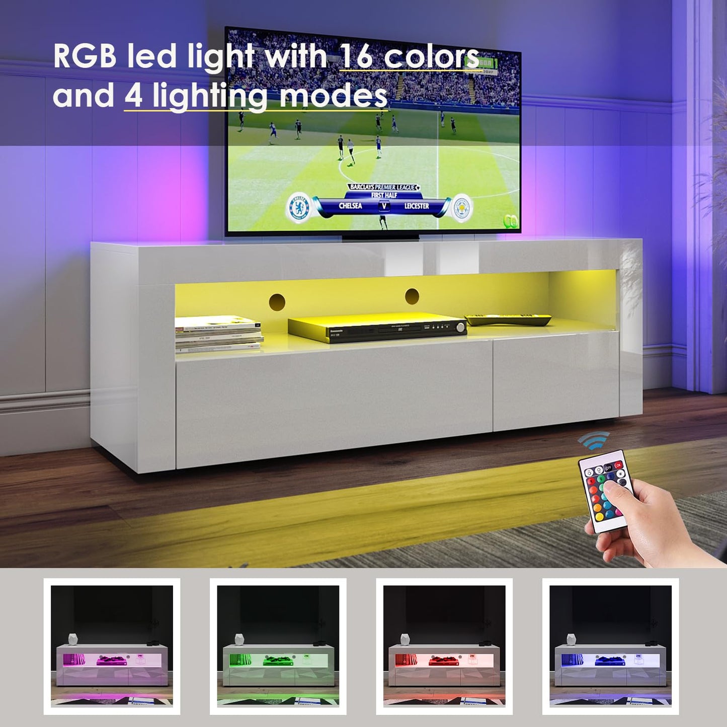 ELEGANT 1200mm LED TV Cabinet Modern White Gloss TV Stand with Ambient Lights for Living Room and Bedroom with Storage Furniture for 32 40 43 50 inch 4k TV