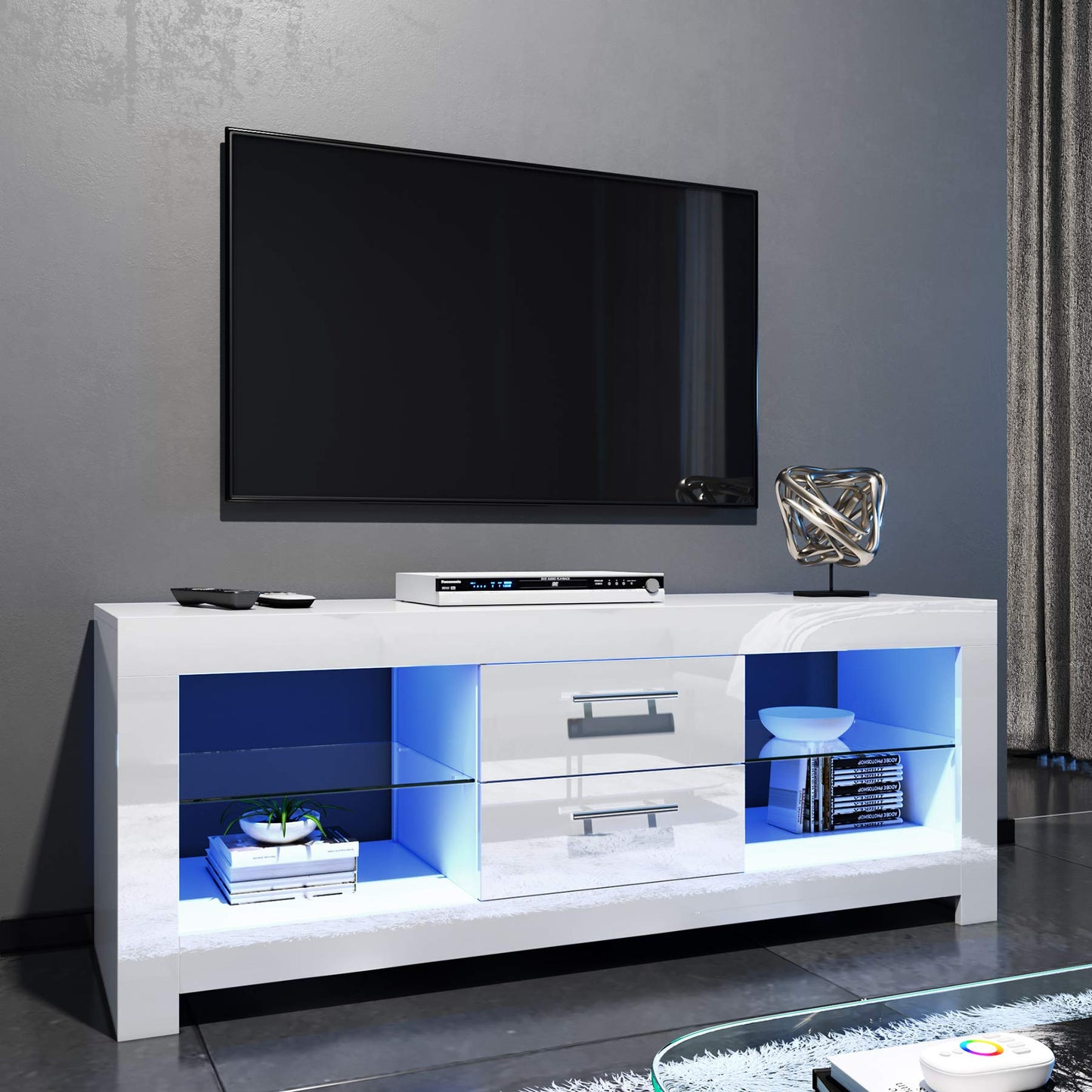ELEGANT 1200mm LED TV Cabinet Modern White Gloss TV Stand with Ambient Lights for Living Room and Bedroom with Storage Furniture for 32 40 43 50 inch 4k TV