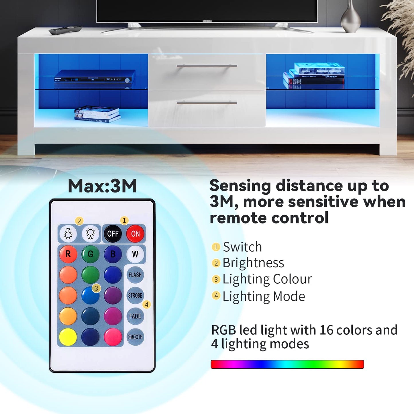 ELEGANT 1200mm LED TV Cabinet Modern White Gloss TV Stand with Ambient Lights for Living Room and Bedroom with Storage Furniture for 32 40 43 50 inch 4k TV