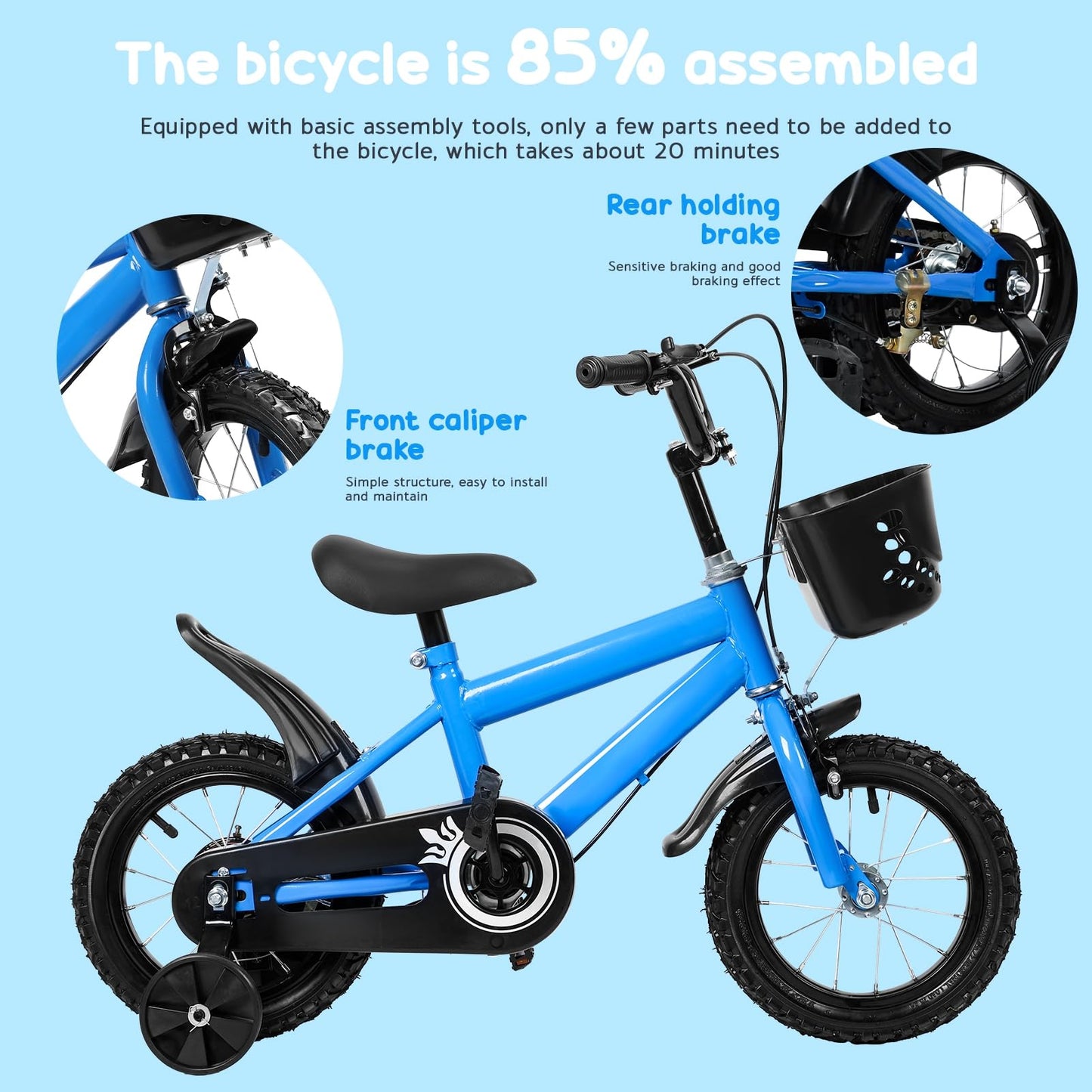 cadciehe 12 Inch Kids Bike, Children Bicycle with Training Wheels, Easy Assembly Safe & Stable Ride, Storage Basket, Height Adjustable Toddler Bike for 2-6 Years Old Boys Girls